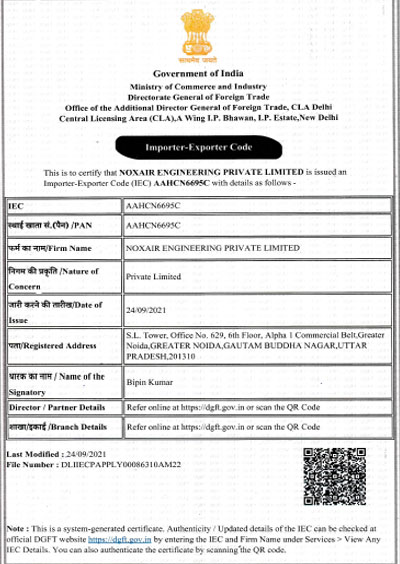 Importer-Exporter Code Noxair Engineering